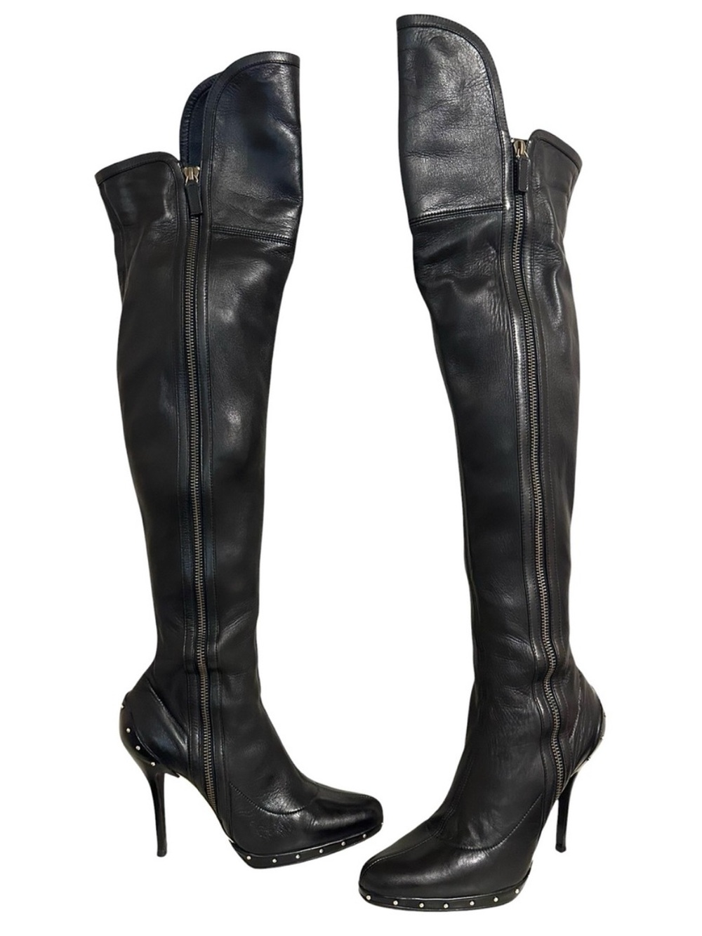 GUCCI TOM FORD Era Black Leather Studded Platform Thigh High OTK Runway Boots